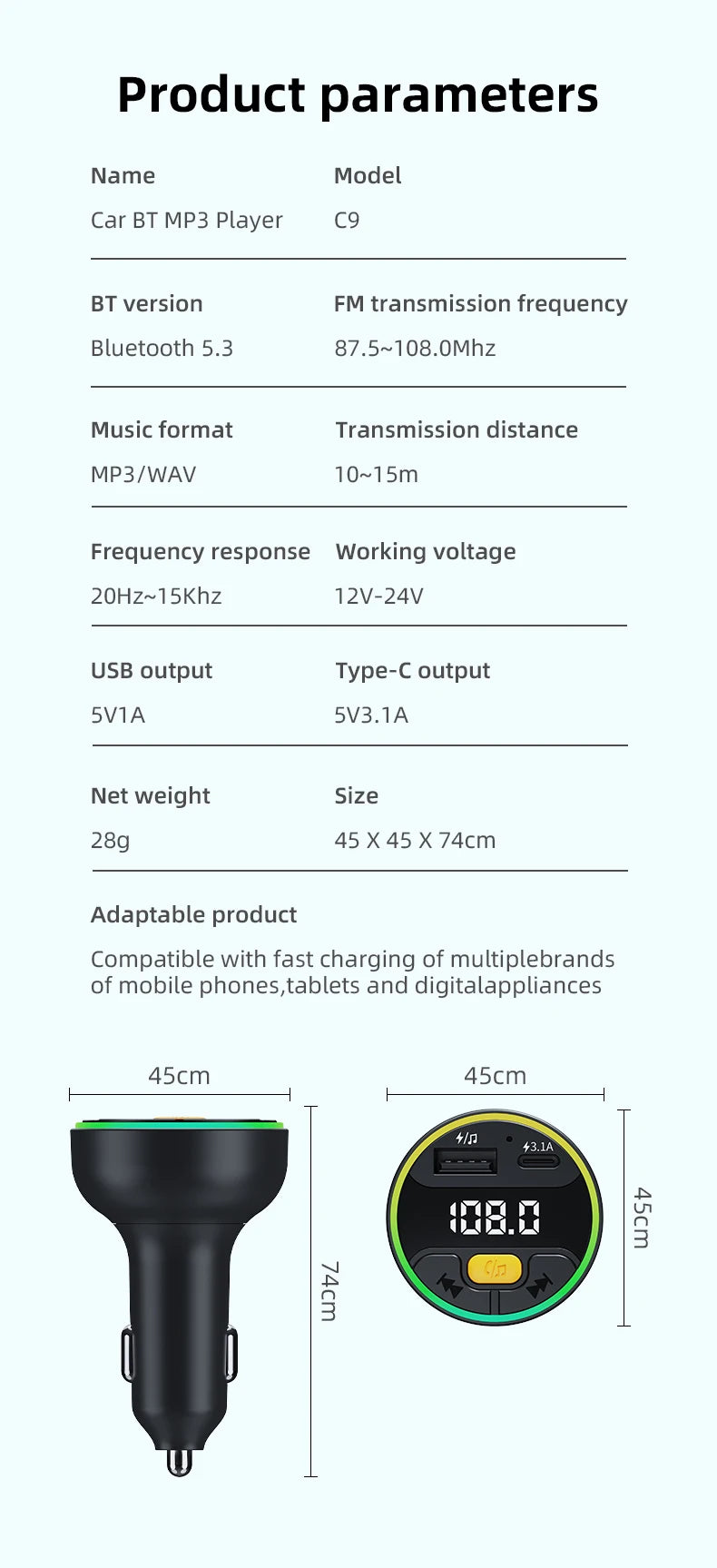 Transmetteur FM de voiture Bluetooth 5.3, mains libres, Kit de voiture sans fil, USB C, chargeur de voiture, Radio automatique, modulateur Fm, adaptateur de lecteur Mp3