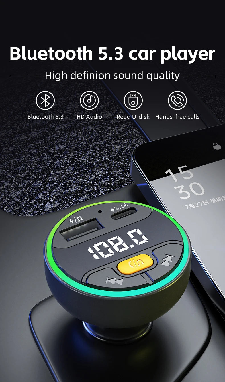 Transmetteur FM de voiture Bluetooth 5.3, mains libres, Kit de voiture sans fil, USB C, chargeur de voiture, Radio automatique, modulateur Fm, adaptateur de lecteur Mp3