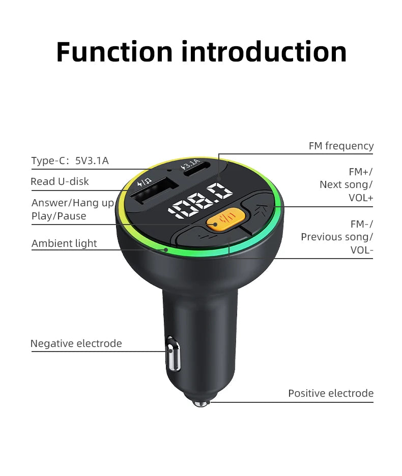 Transmetteur FM de voiture Bluetooth 5.3, mains libres, Kit de voiture sans fil, USB C, chargeur de voiture, Radio automatique, modulateur Fm, adaptateur de lecteur Mp3